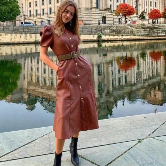 zara faux leather dress with belt Zara faux leather belted shirt dress sz M. – Kristen's Consignment main image 0
